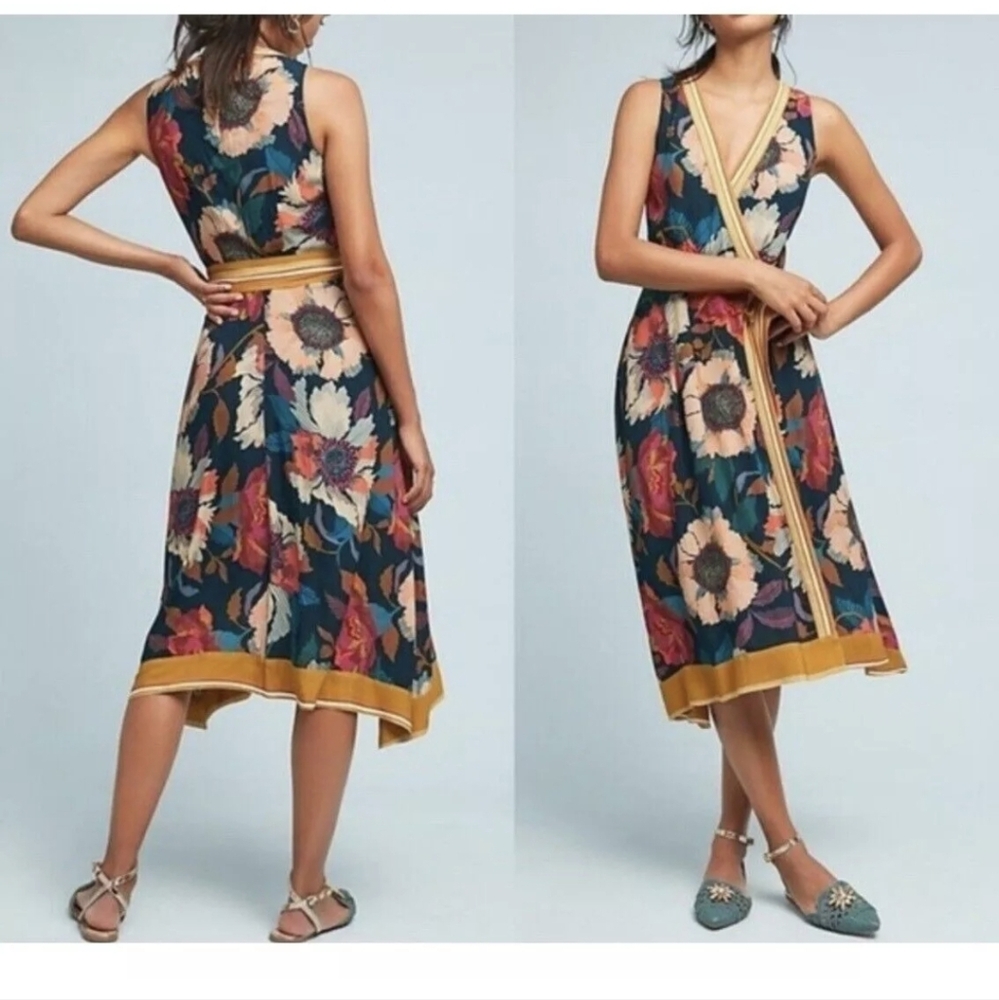 Anthropologie floral Maeve dress faux wrap size 2 yellow